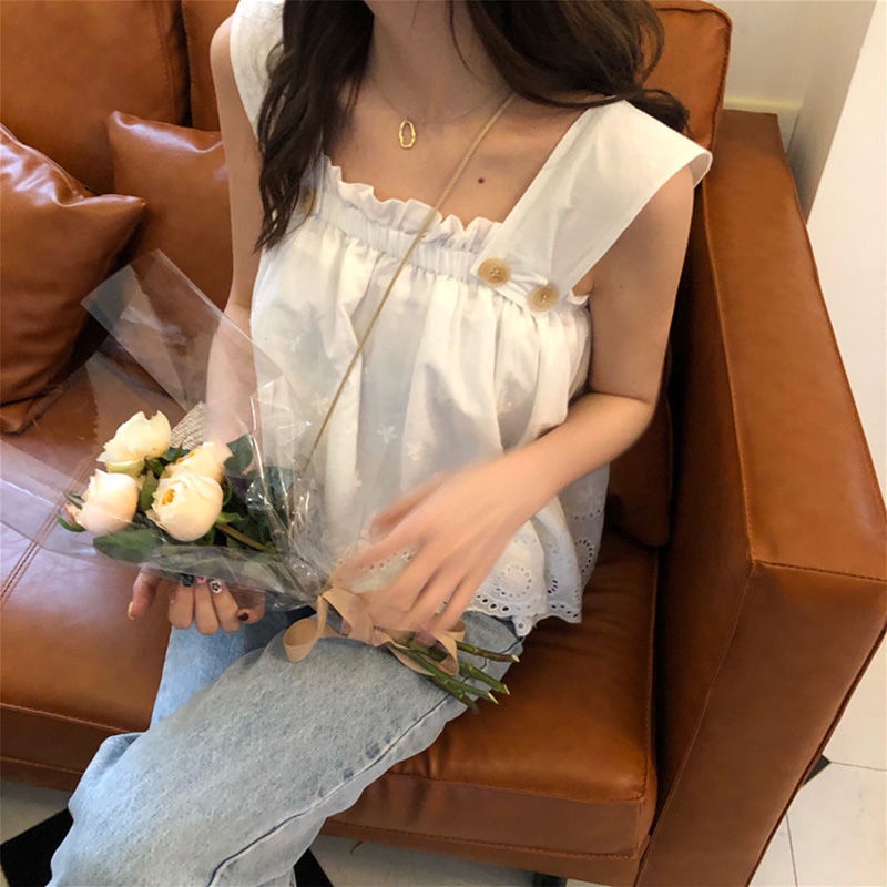 IELGY    Áo Hai Dây Mỏng Cổ Vuông Thêu Họa Tiết Thời Trang Cho Nữ