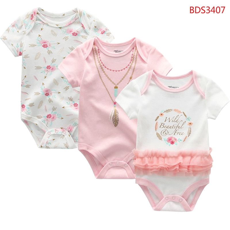 Bộ 3 áo liền quần bằng cotton họa tiết hoạt hình đáng yêu cho bé gái