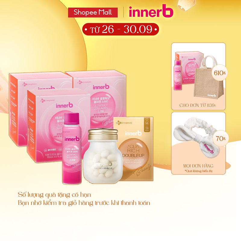 Bộ sản phẩm 03 Hộp 6 chai nước uống Collagen Vitamin C sáng da InnerB Glowshot và Thực phẩm bảo vệ sức khỏe INNERB
