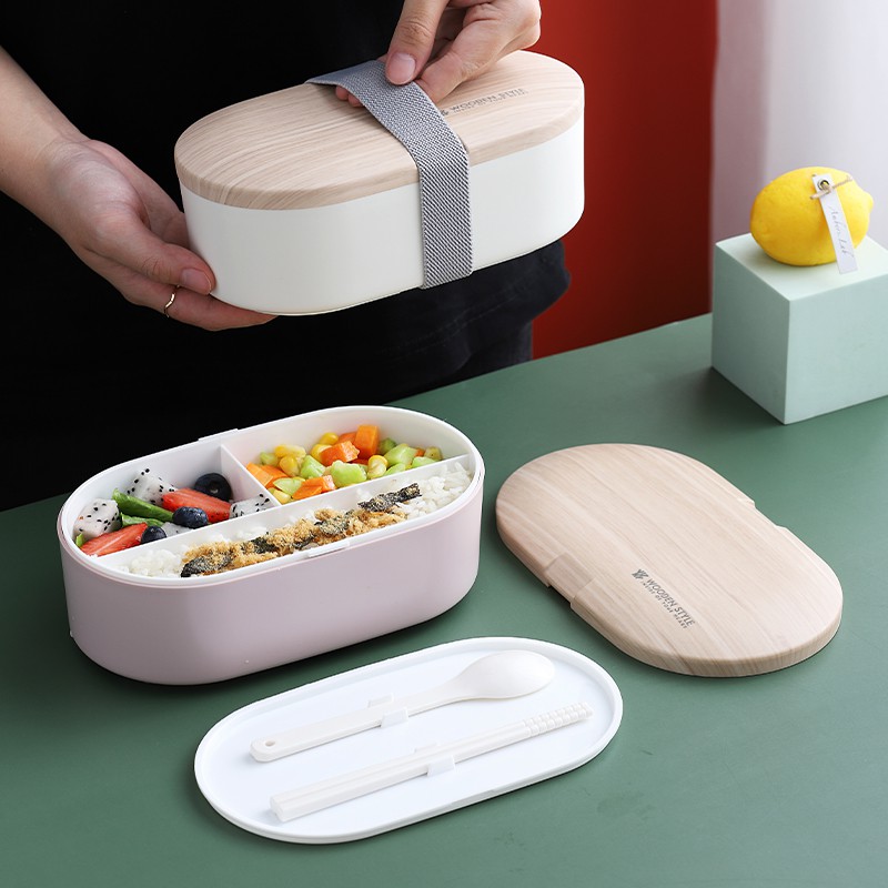 1200ml Hộp cơm hai lớp Microwavable Hộp cơm Bento dành cho sinh viên với Bộ đồ ăn Hộp Sushi