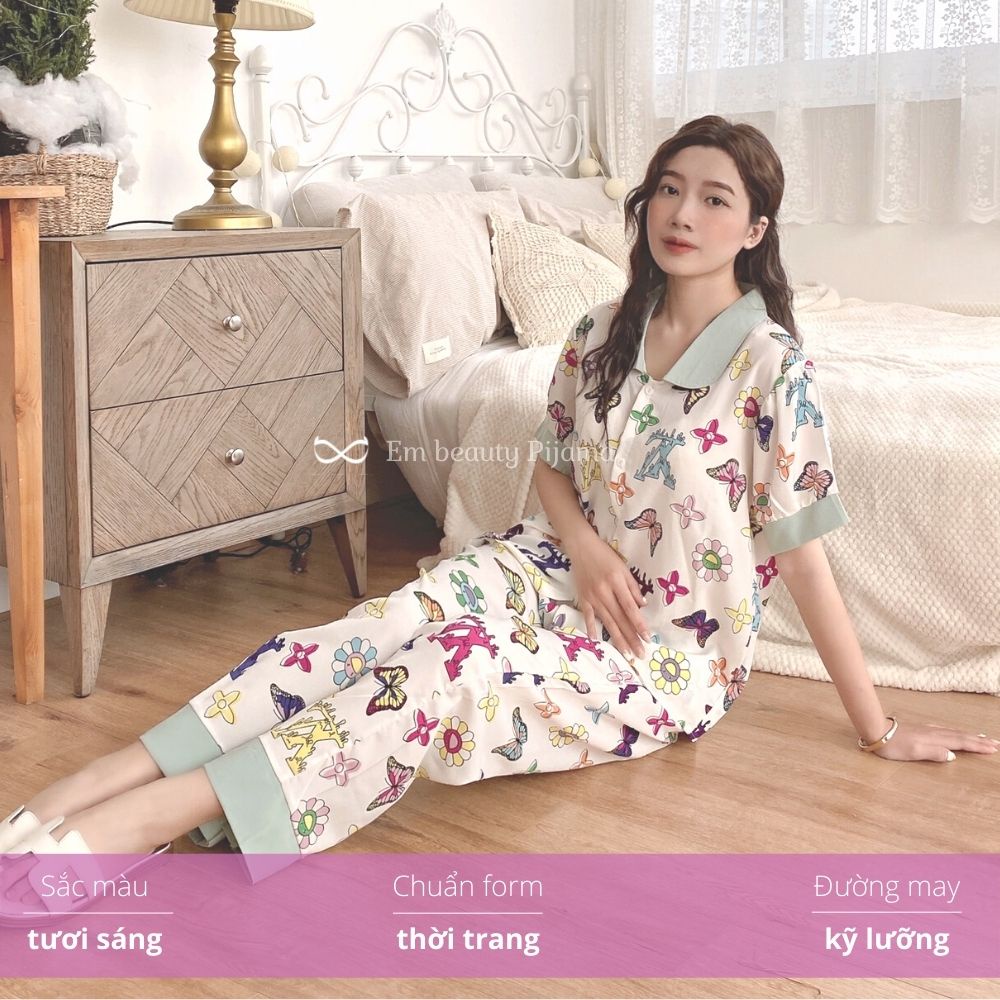 Bộ đồ ngủ lụa mặc nhà nữ pyjama lụa mango cổ sen họa tiết cao cấp freesize 45-65kg phù hợp cả mẹ sau sinh