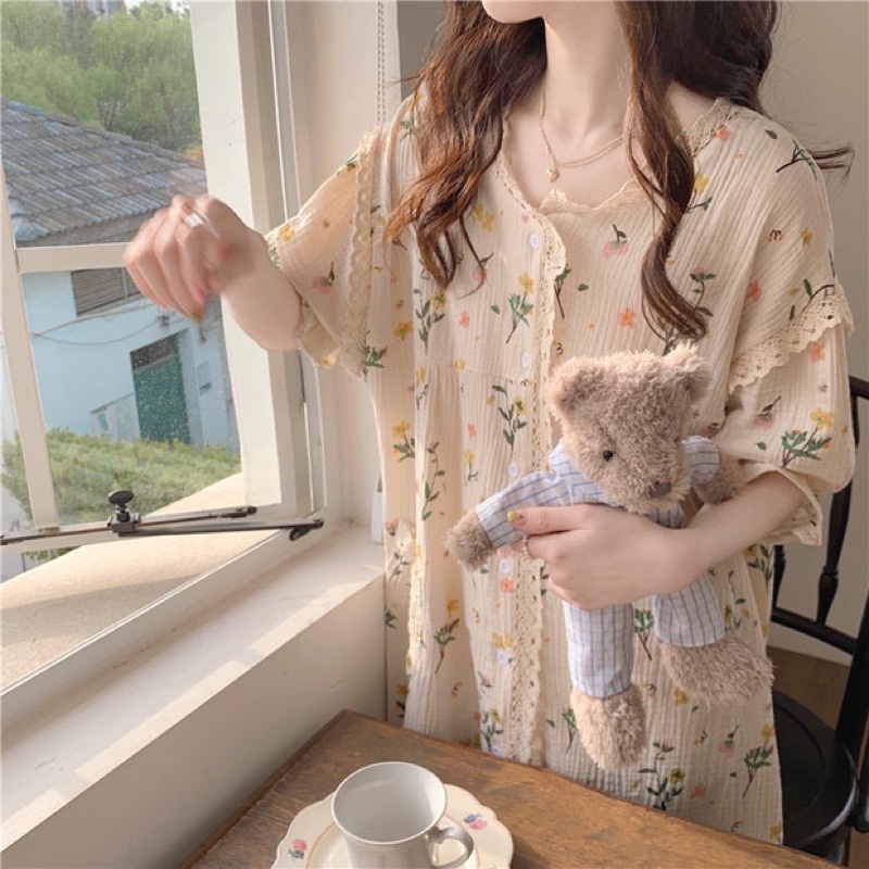 Váy ngủ ren vải xô muslin hoa vàng VN015