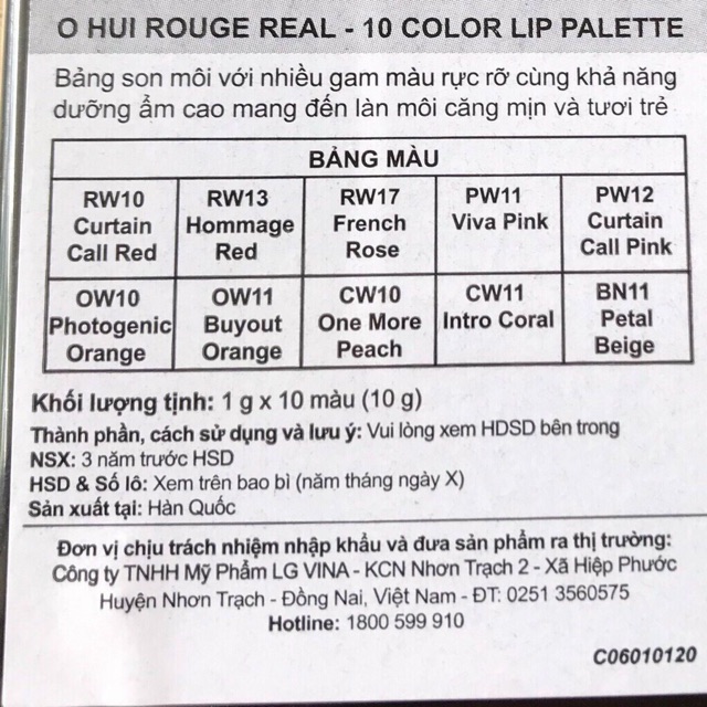 Bản son O Hui 10 màu tuyệt đẹp