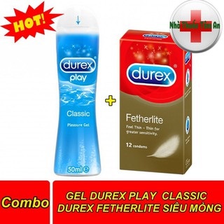 Bao cao su Durex Fetherlite (Hộp 12 Bao) + Gel Bôi Trơn Durex Play Classic 50ml. Hàng Chính Hãng
