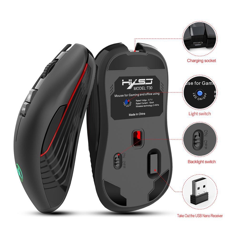 Chuột chơi game không dây HXSJ T30 3600 DPI Led RGB - Wireless Gaming Mouse HXSJ T30 3600DPI