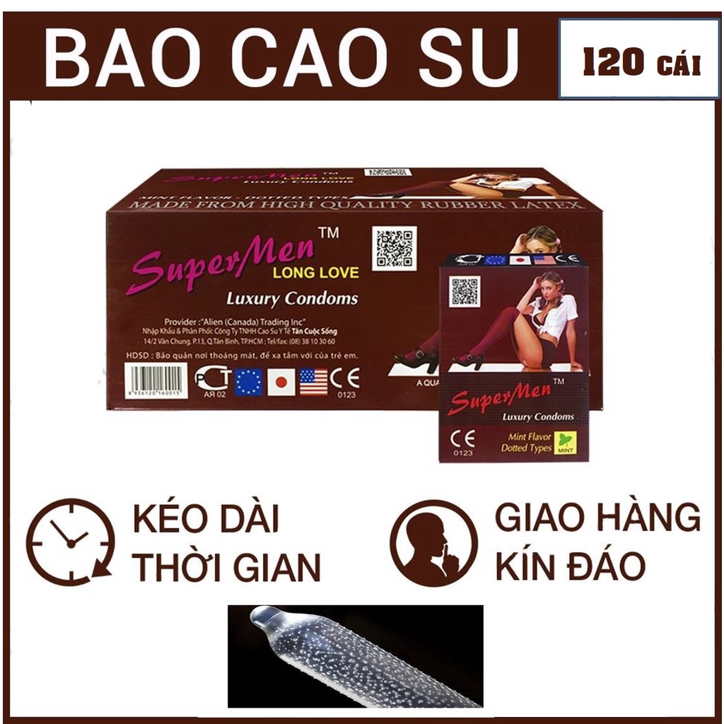 Bao cao su Super Men Long Love có gai kéo dài thời gian 120 cái mùi bạc hà tươi mát