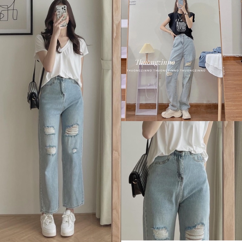 [Ảnh thật /Video]Quần ống rộng Xanh sáng cá tính thiết kế rách gối Quần ống rộng dáng Hàn Quốc