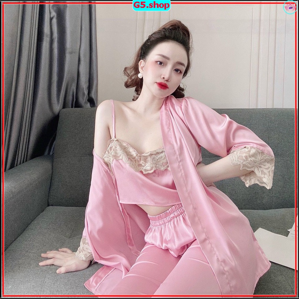 [ SÉT 3 MÓN ] Bộ Lụa Satin Nữ Mặc Nhà - Đồ Ngủ Pyjama 2 Dây - Combo Ba Mon Áo Quần Yếm thoại mái G5