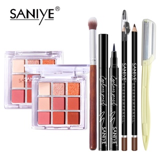 Bộ 5 dụng cụ trang điểm mắt gồm phấn mắt + cọ + chì kẻ mắt + lông mày + dao cạo lông mày màu ngẫu nhiên Saniye E0925 85g