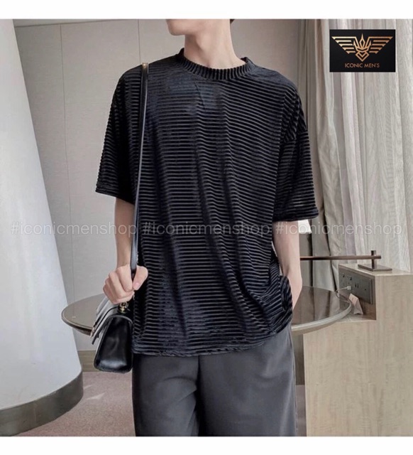Áo thun nhung nam fom rộng sọc gân