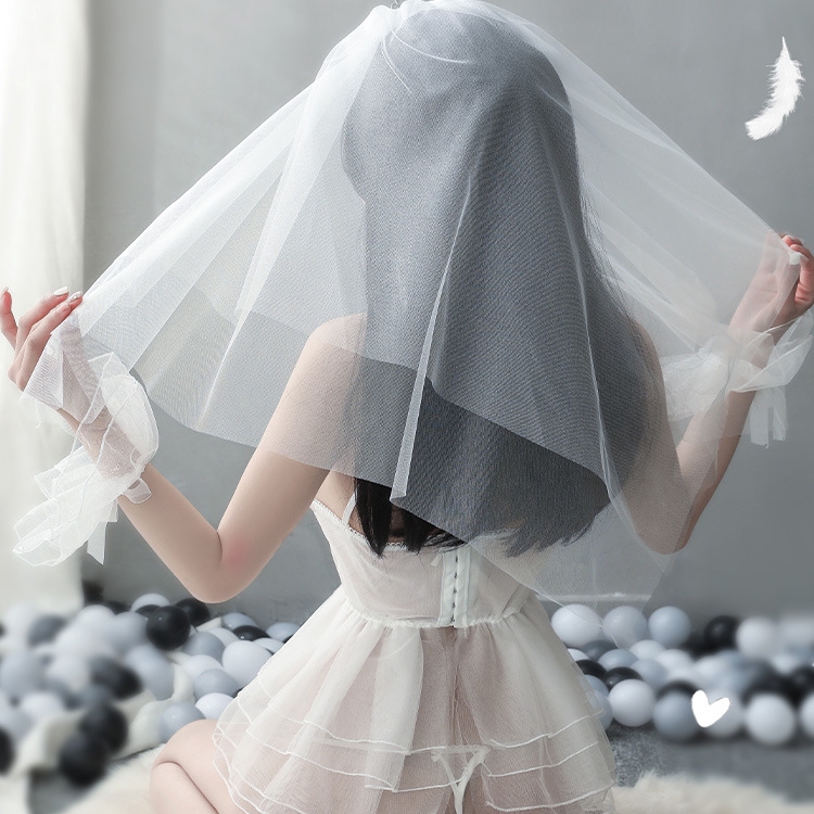 Bộ đồ lót Yubangcar1 hoá trang kiểu cô dâu có mạng che mặt xuyên thấu quyến rũ