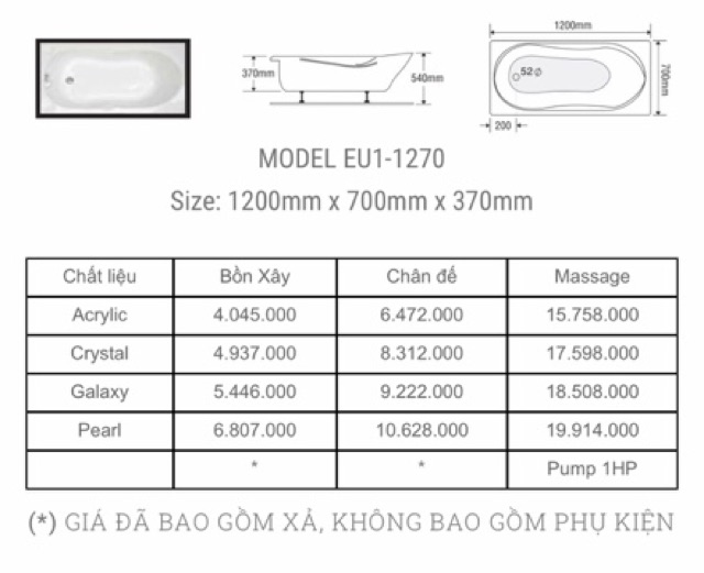 BỒN TẮM NẰM DÀI 2 YẾM EUROCA  - MODEL EU1 - 1270 - BẢO HÀNH 3 NĂM