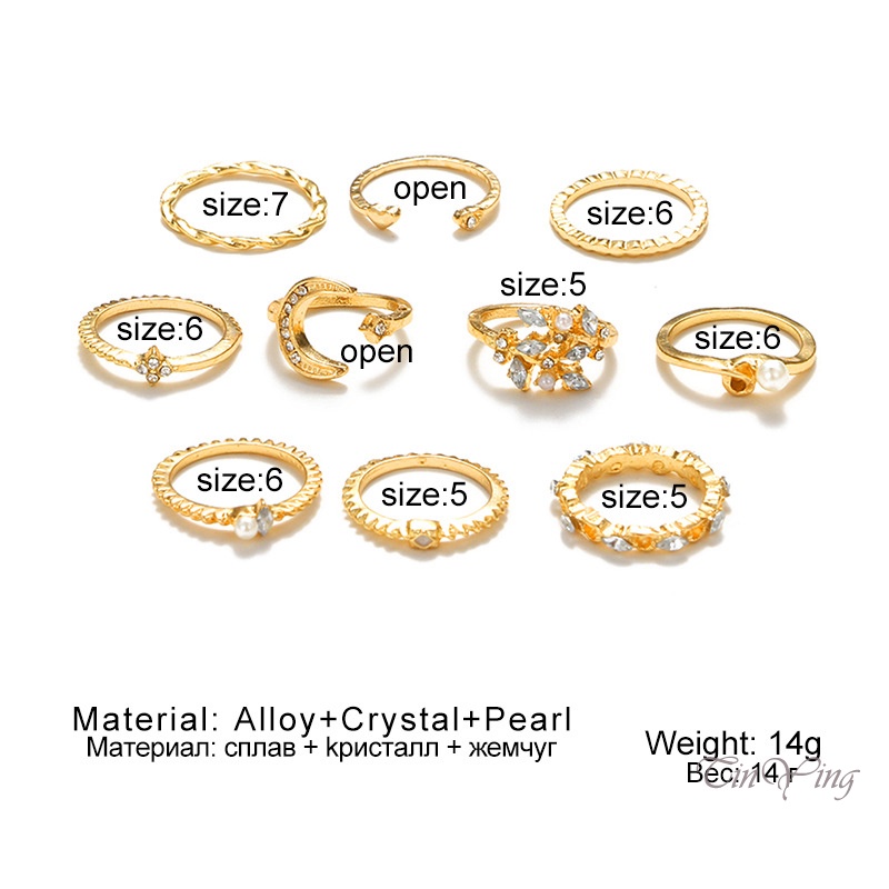 GETNOIVAS 10 nhẫn hợp kim đính hạt nhiều kiểu dáng phong cách Boho