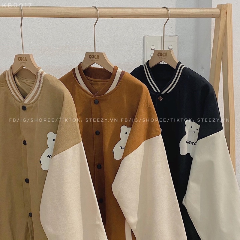 Áo khoác bóng chày bomber in gấu kaki da lộn 2 lớp unisex ulzzang nam nữ