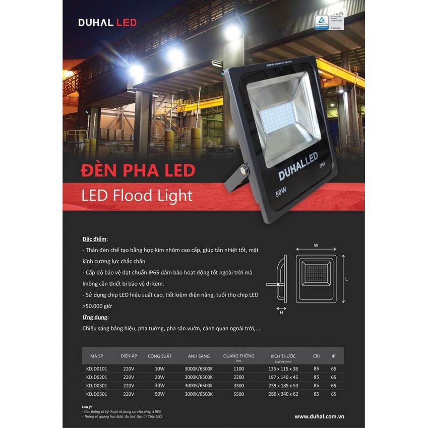 [CHÍNH HÃNG] Đèn pha LED Duhal chipled SAMSUNG IP65 10/20/30/50W