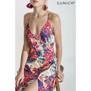 Đầm maxi lụa đan dây lưng họa tiết lá đỏ Gunich
