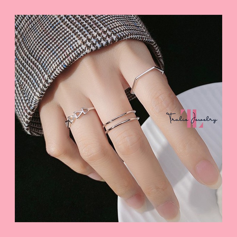 Bộ 4 nhẫn bạc đơn giản Tralie Jewelry phong cách Hàn quốc, nhẫn nữ bạc 925 trơn thời trang