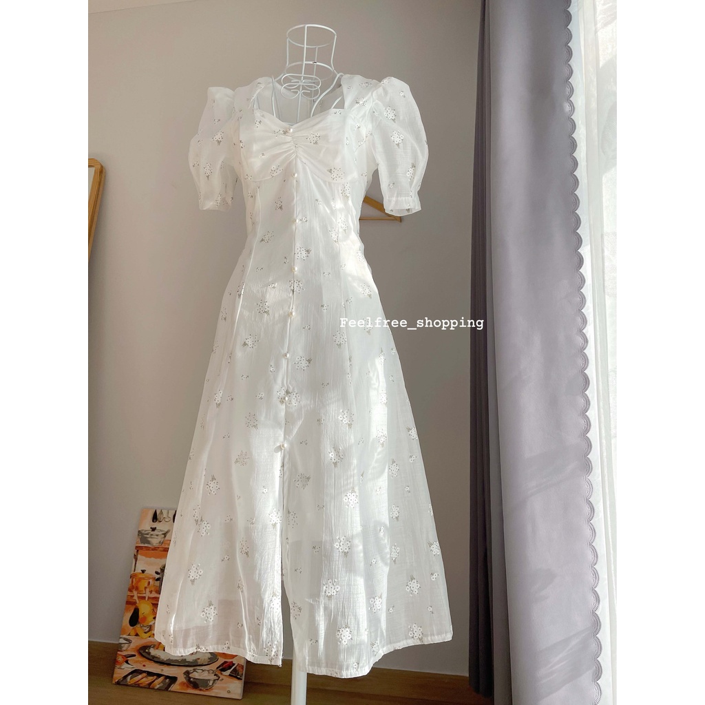 Đầm Trắng Dài Hoa Cúp Ngực 2 Lớp Mặc Đi Tiệc, Đi Chơi, Kỷ Yếu (Hình Thật)