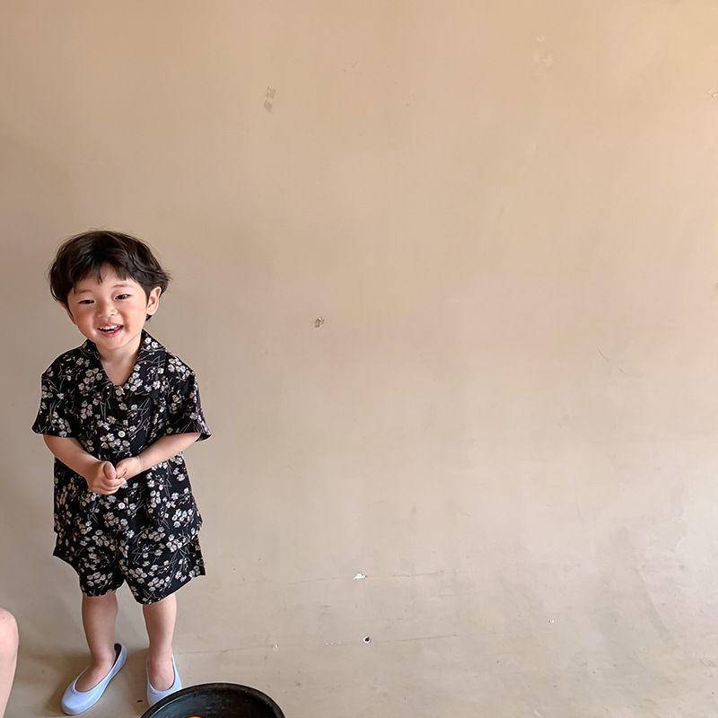 Bộ Áo Sơ Mi Cotton Ngắn Tay + Quần Short Ống Rộng In Hoa Phong Cách Hàn Quốc Thời Trang Mùa Hè Cho Bé Trai