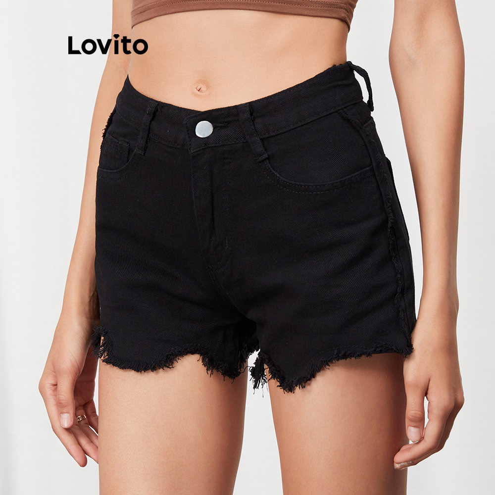  Quần short denim Lovito L07065 lưng cao màu đen