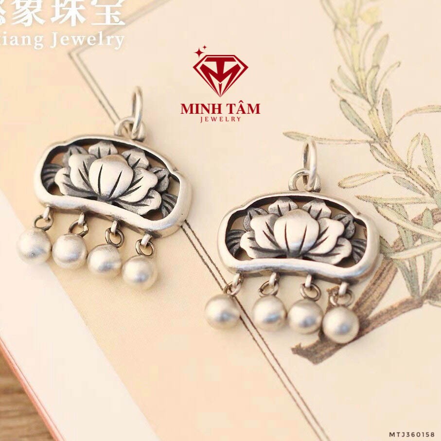 Mặt dây chuyền khoá trường mệnh hoa sen bạc,Charm treo khoá trường mệnh hoa sen bạc Thái 925-Minh Tâm Jewelry