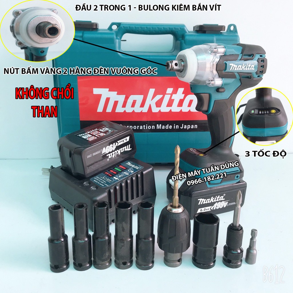 Máy bắn vít tôn bulong dùng pin Makita 199V Lực siết 500Nm BỘ SẢN PHẨM 2 PIN TẶNG BỘ PHỤ KIỆN 10N + MŨI KHOAN 8 + 5 KD