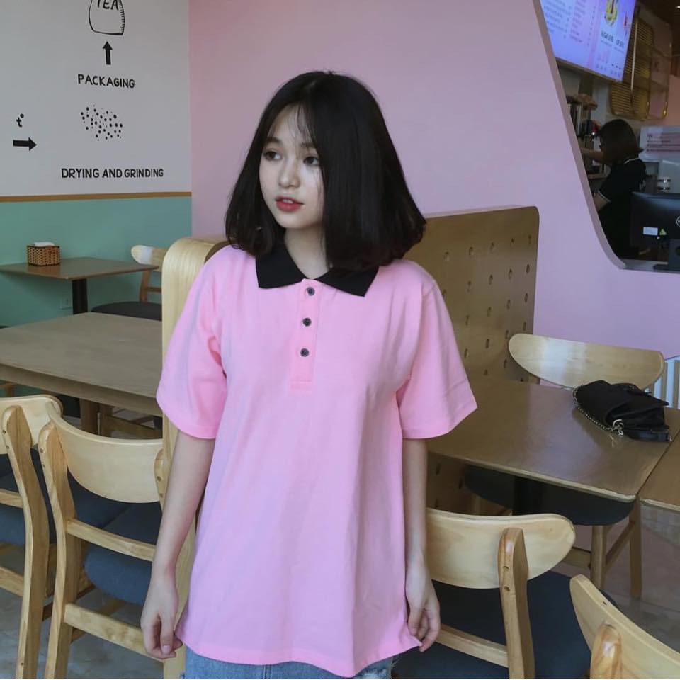 Áo thun polo hồng cổ đen - PINK POLO SHIRT BLACK COLLAR UNISEX 1hitshop | BigBuy360 - bigbuy360.vn