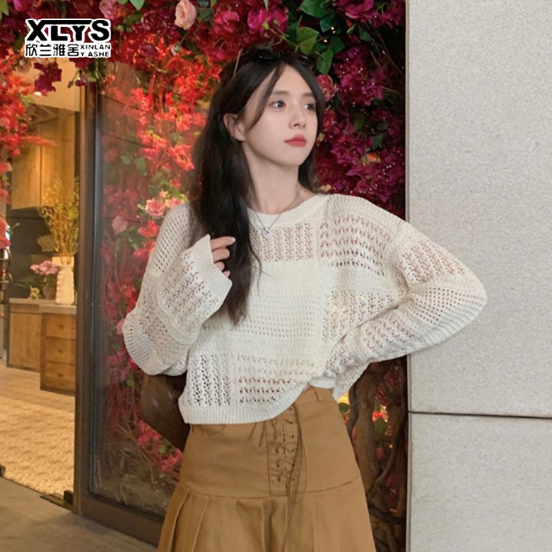 Áo sweater XINLANYASHE dệt kim mỏng nhẹ tay dài xuyên thấu thời trang mùa hè 2022 cho nữ