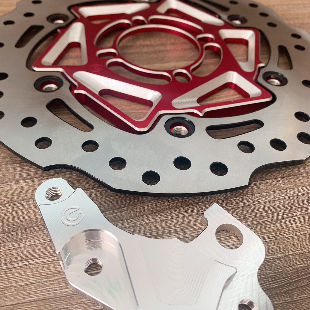COMBO xe RAIDER SATRIA Đĩa Thắng Trước kèm Lòng 4 lỗ size 260mm MÀU ĐỎ + Pát CNC gắn Trước RAIDER SATRIA đi heo dầu ZIN