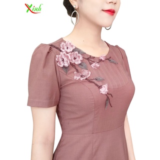 Đầm hồng ruốc kết hoa đào thủ công dl920