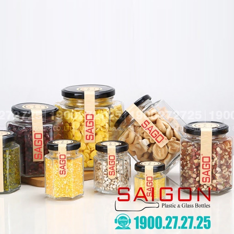 Hũ Thuỷ Tinh Lục Giác 730ml , 500ml , 380ml , 280ml , 180ml , 100ml , 80ml  | Nắp Thiết , Tuỳ Chọn Dung Tích