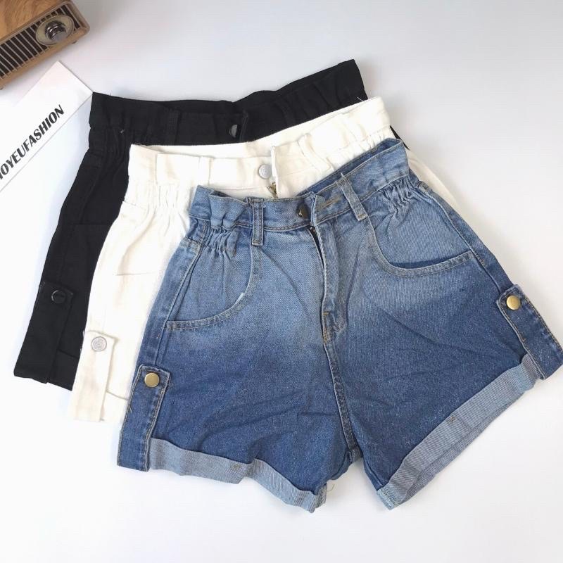 Quần short kaki nữ lưng cao, quần đùi jean cạp cao ống rộng sắn gấu C3