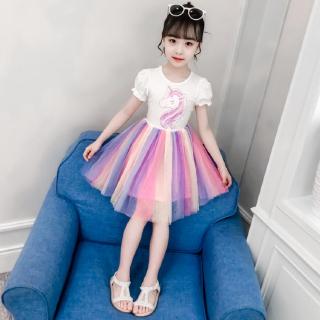 Rainbow unicorn pattern dress for girls