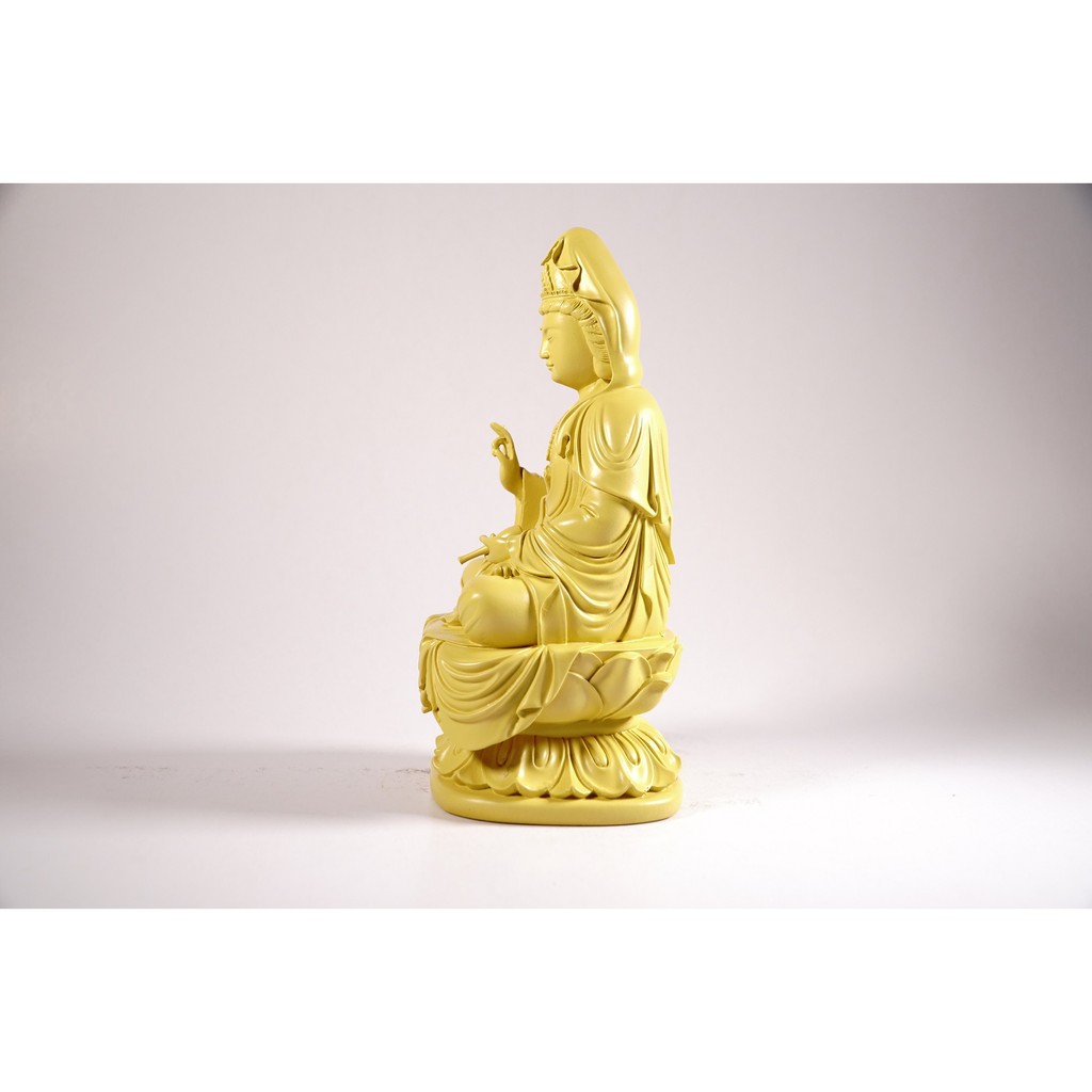 Tượng phật Bồ Tát Quan Âm ngồi đài sen nguyên khối vàng đất - Cao 19cm
