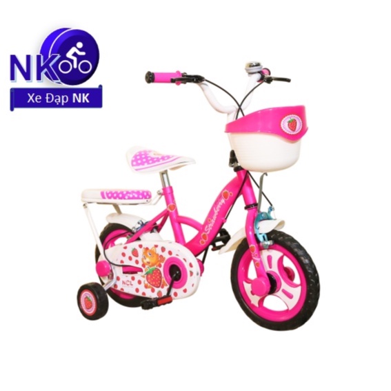 Xe đạp trẻ em ráp sẵn dâu tây có 2 bánh phụ cho bé gái 2-3 tuổi Size 12inch