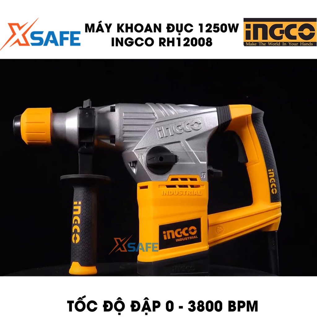 Máy khoan đục INGCO RH12008 1250W, đầu gài SDS, lực đập 5J, khả năng khoan tối đa bê tông 30mm, thép 13mm, gỗ 40mm