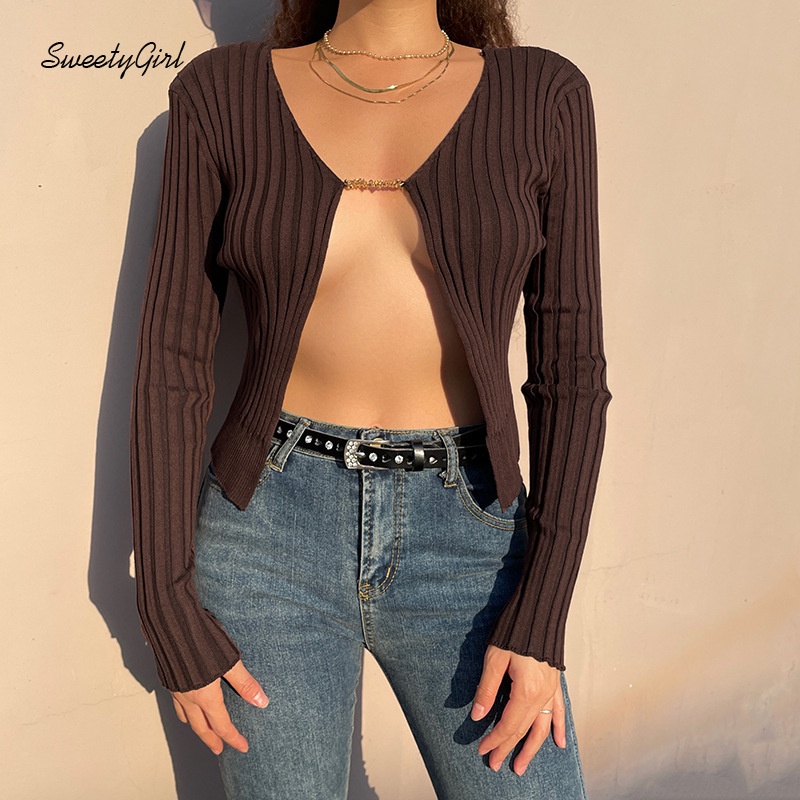 Áo Croptop Dệt Kim Tay Dài Cổ Chữ V Màu Trơn Phong Cách Đường Phố Thời Trang Dành Cho Nữ