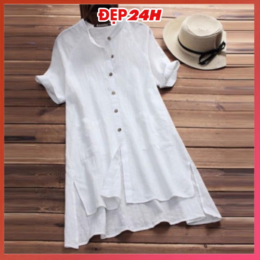 Sơ mi váy sang chảnh, form dài rộng giấu quần, chất liệu Đũi siêu xinh, áo kiểu váy chùm mông Đẹp 24 giờ - AKH.35 | BigBuy360 - bigbuy360.vn