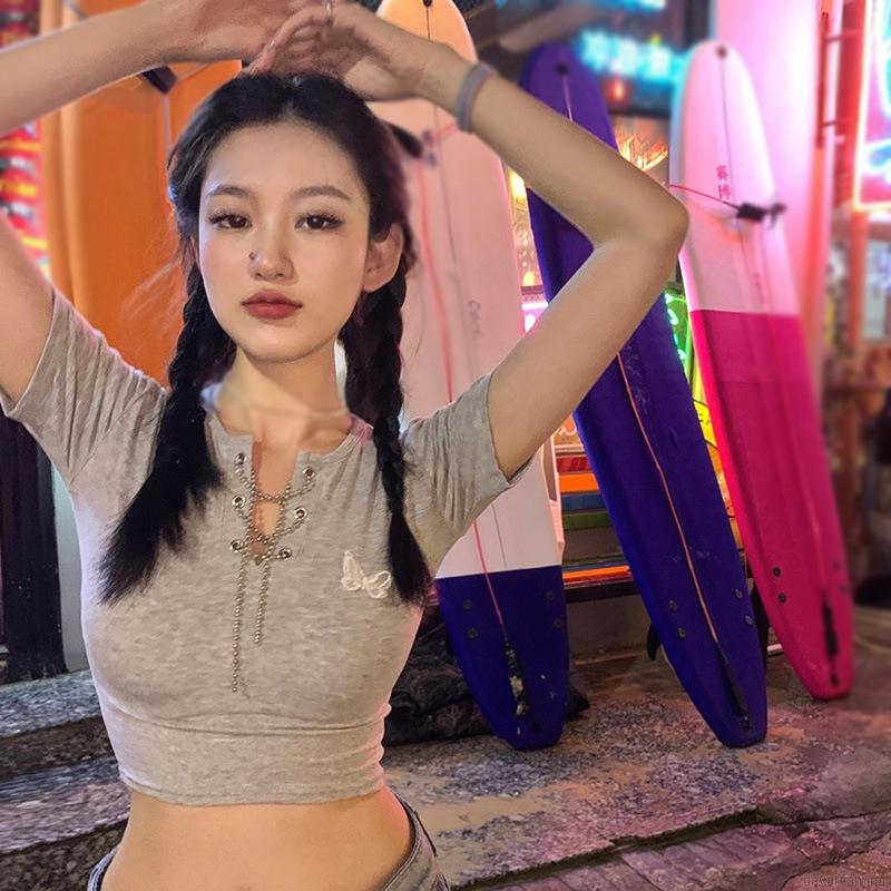Áo lửng dệt kim tay ngắn cổ tròn thiết kế thanh lịch độc đáo