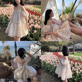 Đầm babydoll 2 dây rớt vai hoa nổi tay bồng Cao Cấp hàng loại 1, màu trắng Ulzzang ren mây dáng xòe, cute dễ thương