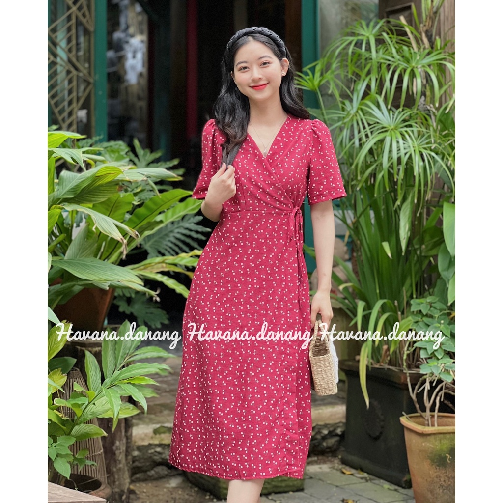 Đầm hoa nhí đỏ, đầm hoa nhí dây buộc thắt eo chất nhung | BigBuy360 - bigbuy360.vn