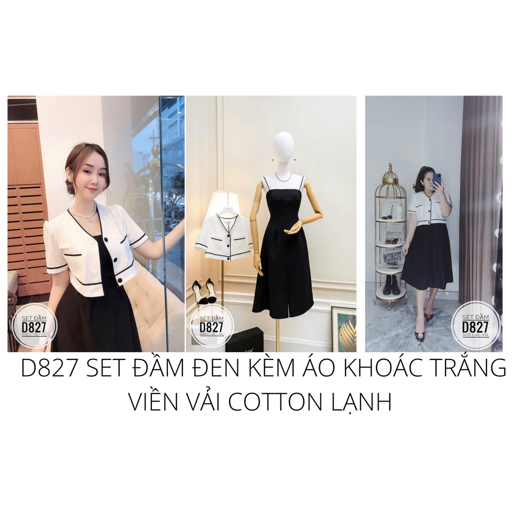 D827 SET ĐẦM ĐEN KÈM ÁO KHOÁC TRẮNG VIỀN VẢI COTTON LẠNH