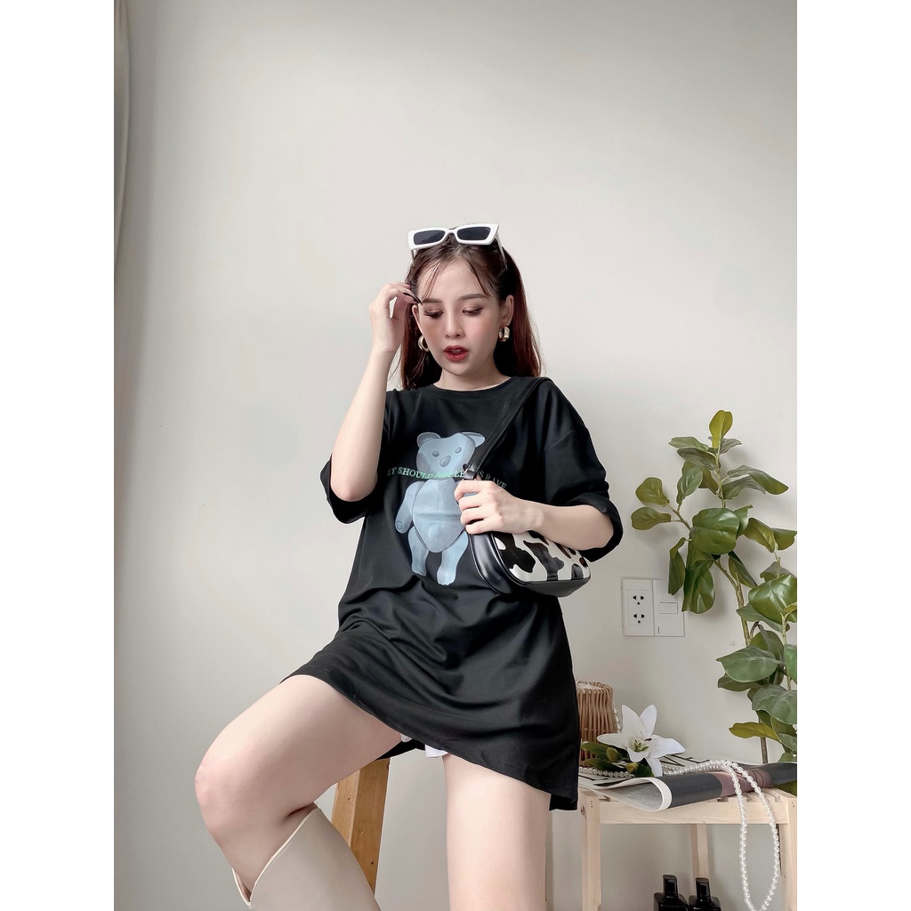Áo phông nữ form rộng tay lỡ unisex co giãn chất cotton mềm mát in hình gấu cá tính hàng Quảng châu AP04