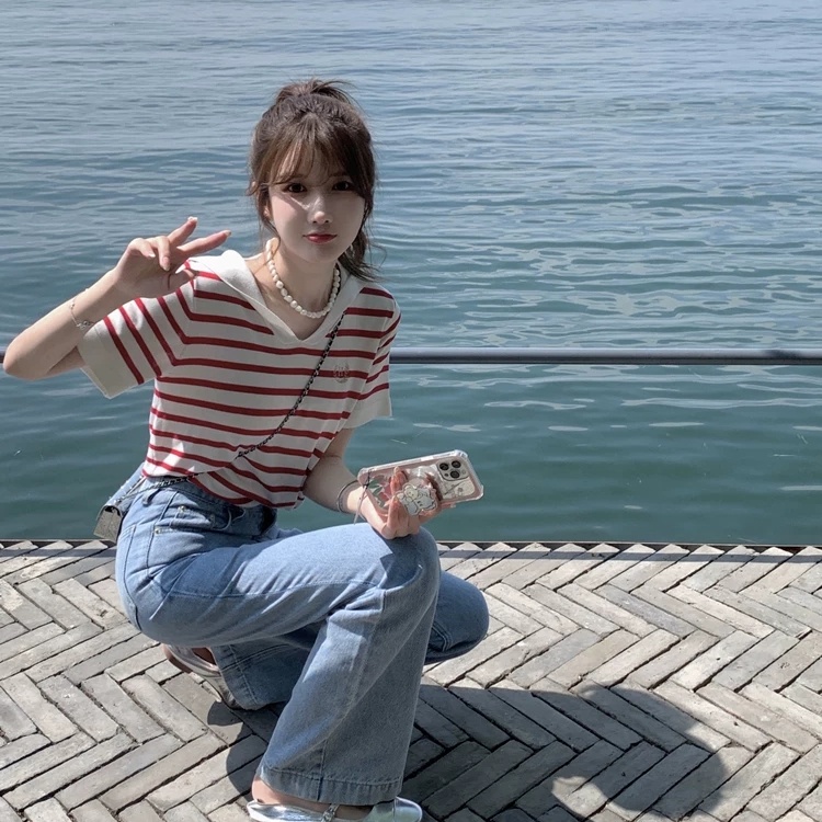 Áo thun SUXI ngắn tay cổ chữ V họa tiết kẻ sọc đơn giản thời trang mùa hè cho nữ