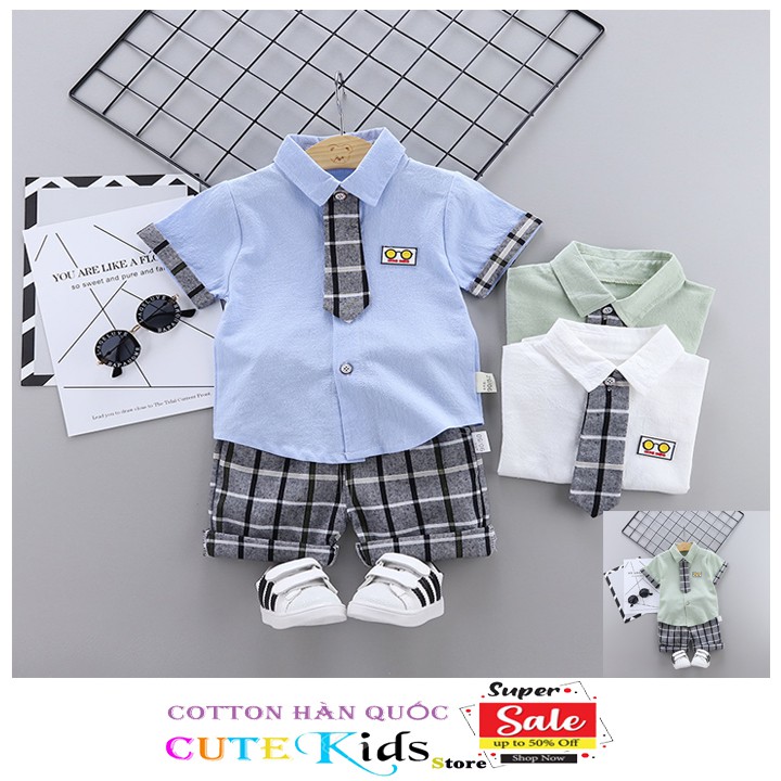 Set quần áo sơ mi bé trai HUQIQI cho bé 1 đến 4 tuổi chất Cotton Hàn Quốc mềm mại thoáng mát hàng trẻ em xuất khẩu Âu Mỹ