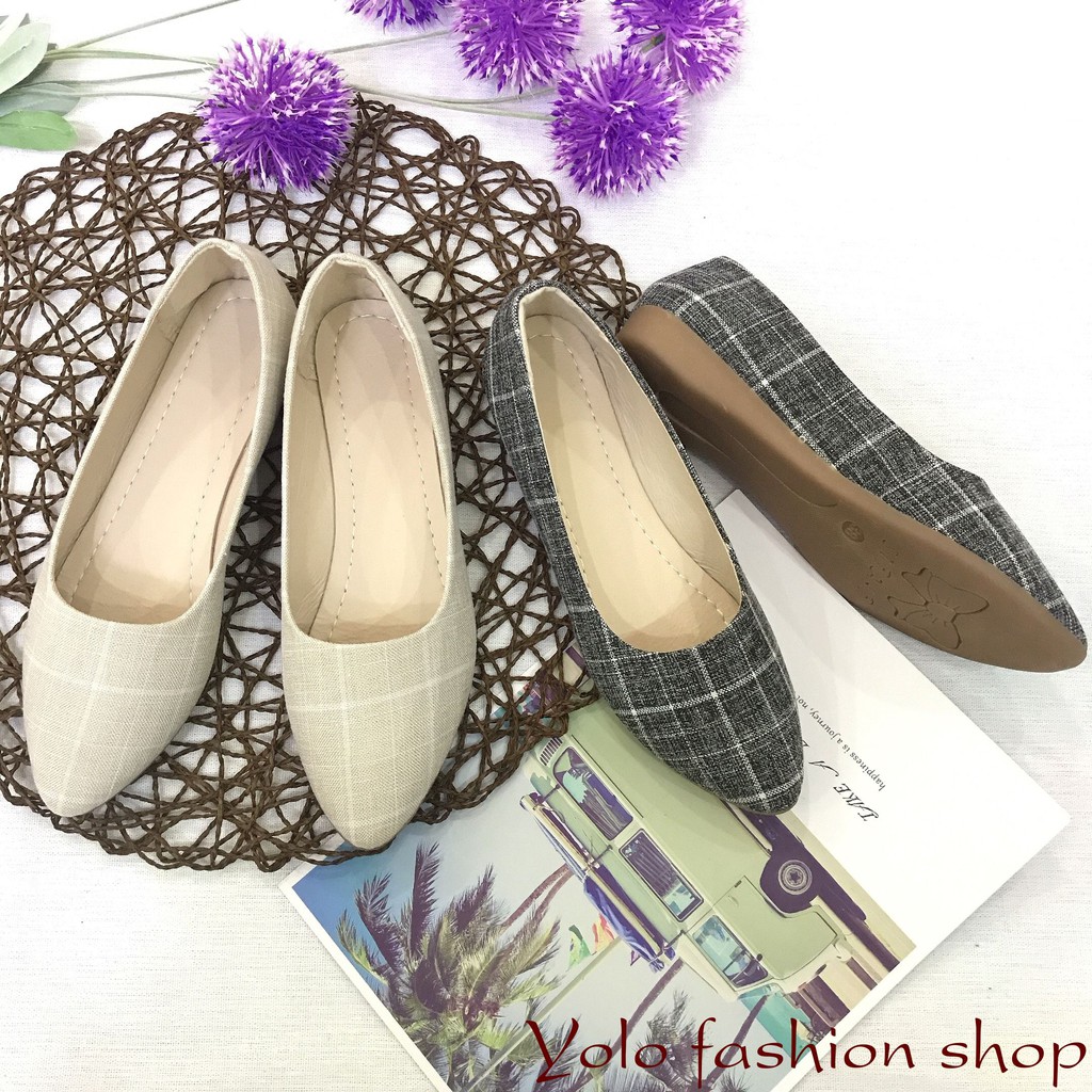 Giày búp bê nữ mũi nhọn da mềm kẻ caro đế 2cm cực êm chân -Kèm hình thật