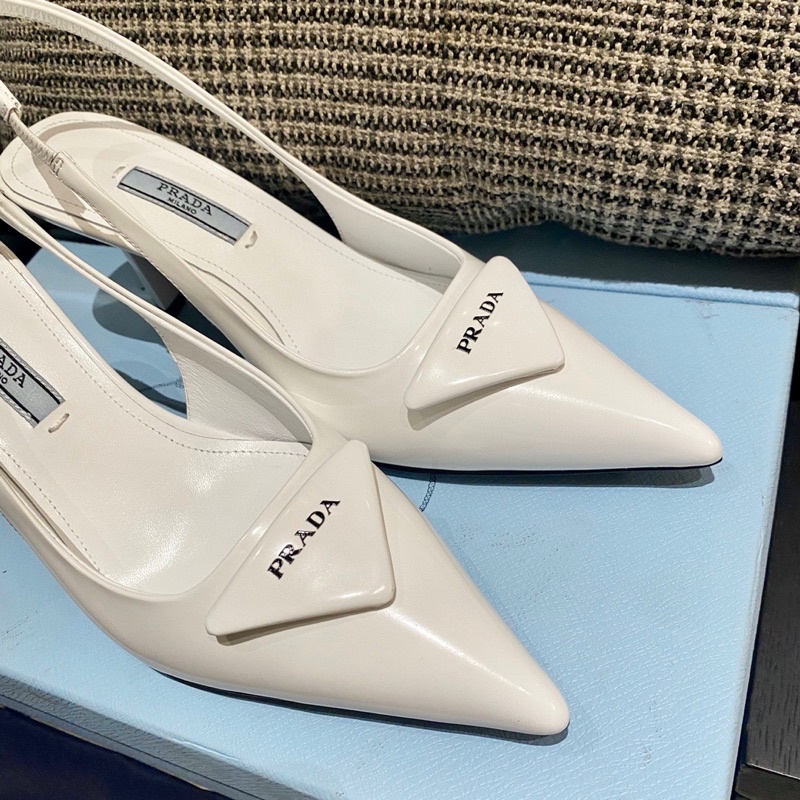 Giày cao gót mũi nhọn quai hậu thương hiệu Prada da thật cao cấp