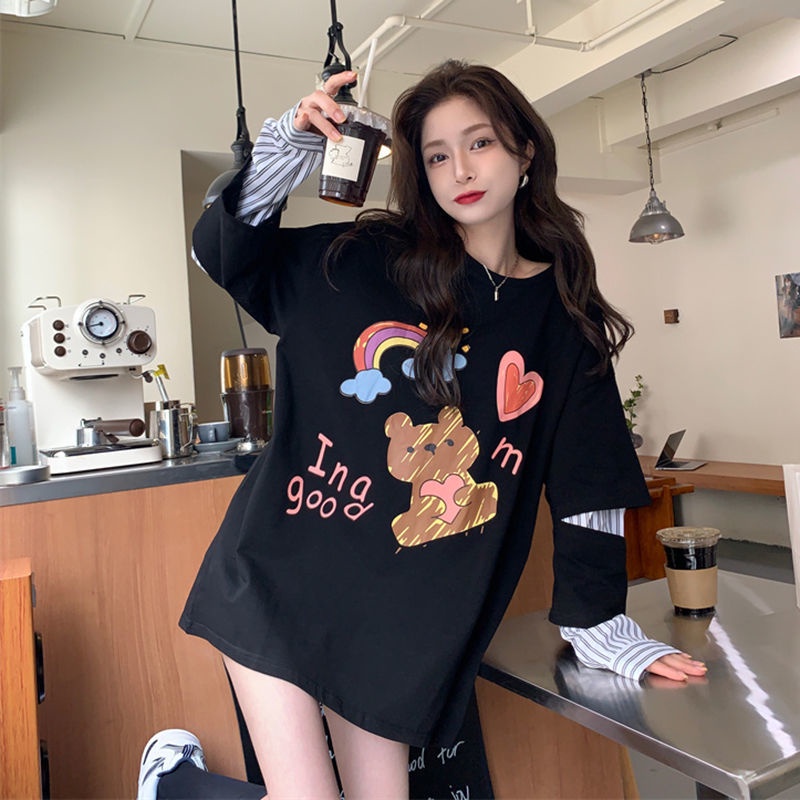 Áo thun tay dài giả hai lớp dáng rộng họa tiết kẻ sọc phong cách Hàn Quốc thời trang mới cho nữ