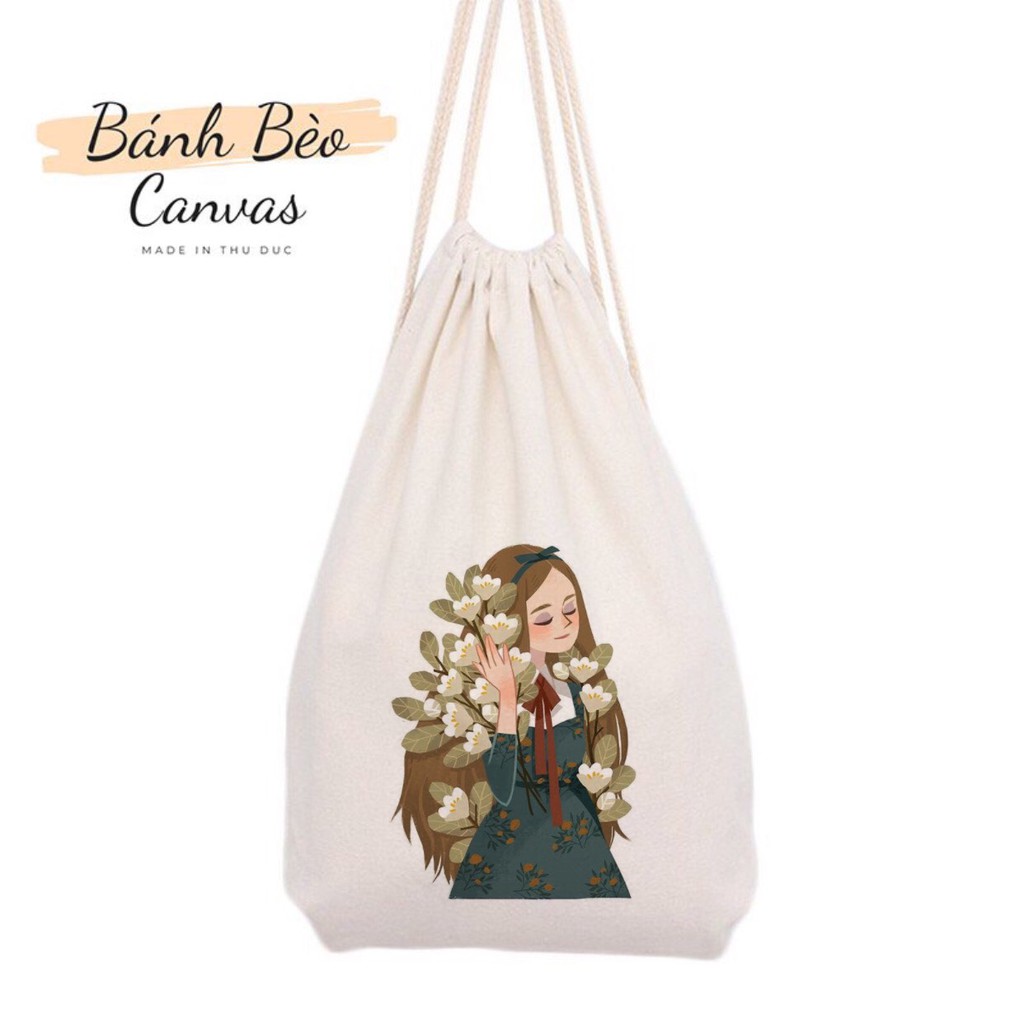 Balo dây rút vải, chất liệu vải canvas, vải bố, giá rẻ họa tiết CÔ GÁI VÀ HOA