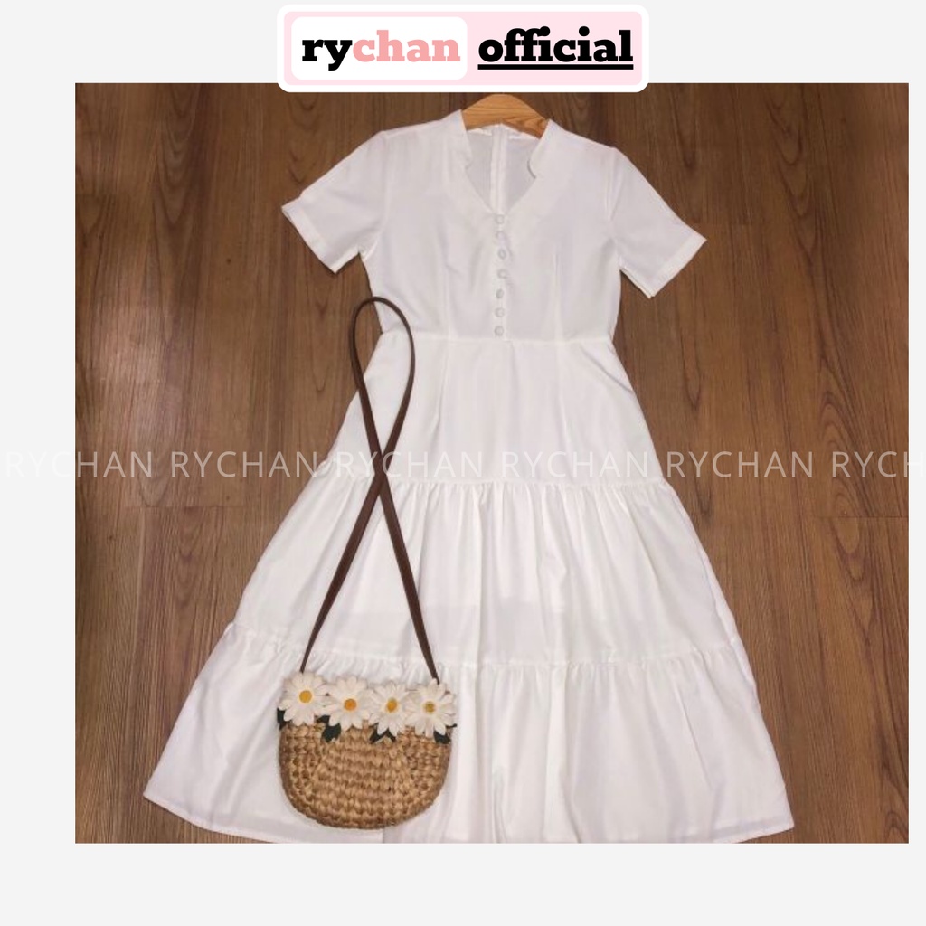 [ẢNH THẬT CUỐI] Đầm Thiết Kế Xoè Trắng Nút Bọc Cổ Trụ - DX017